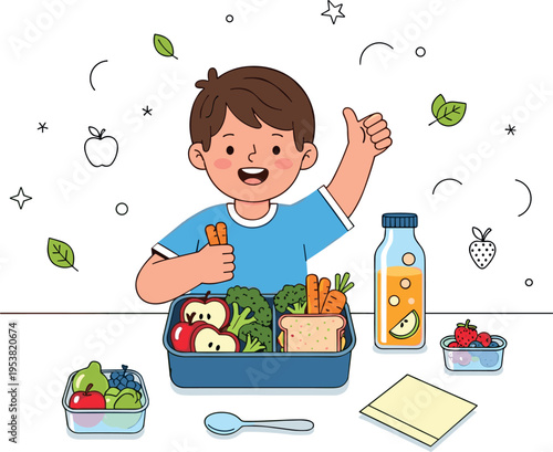 School lunch box with healthy food for kids, child eating balanced meal with fruits vegetables and juice, nutrition concept flat vector illustration