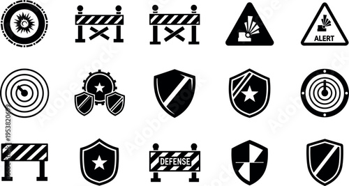 Security and warning icons set with shields barriers targets and alert symbols, protection defense risk signs collection black silhouette vector illustration