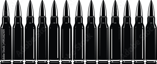 Black silhouette illustration of fourteen identical rifle bullets arranged in horizontal row, symbolizing ammunition, firearms, military equipment, weapon design, and creative artwork projects
