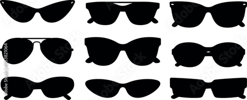 Sunglasses silhouettes set with different modern eyewear styles, black shades collection for fashion and summer accessories flat vector illustration