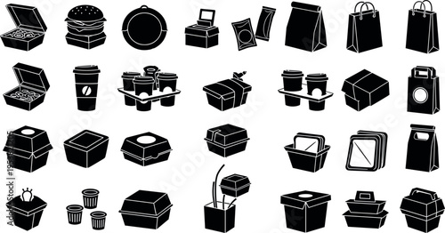 Takeaway food packaging silhouettes set with boxes cups bags and containers, black fast food delivery icons collection vector illustration