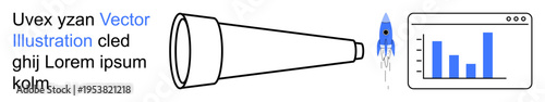 Business vision, growth, innovation, data analytics, foresight, strategy planning. Telescope, rocket and bar chart analytics. Business growth and data analytics