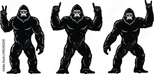 Black silhouette illustration of gorillas standing upright making peace, rock, and pointing gestures, symbolizing wildlife, humor, expressive design, and creative artwork projects