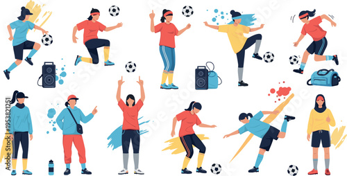 Soccer Players Training and Playing Set with Football Skills Dribbling Kicking and Practice Scenes in Dynamic Flat Vector Illustration Collection