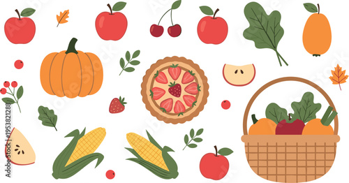 Autumn harvest fruits and vegetables set, fresh organic food collection with pumpkin corn apples and basket, seasonal farm produce flat vector illustration