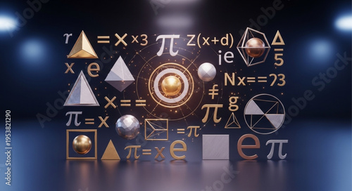 Mathematical Symbols and Geometric Shapes in a Digital Space.