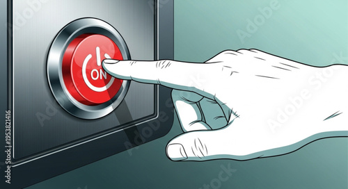 Hand pressing a red power button on a device.