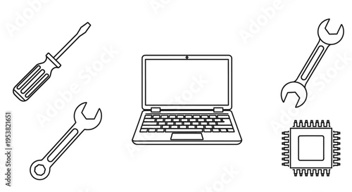 Laptop with computer hardware tools.