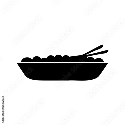 A simple black silhouette icon depicting a bowl filled with food and chopsticks resting on its edge Vector, illustration