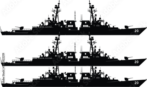 Black silhouette illustration of military naval ships with radar masts, antennas, and weaponry, symbolizing fleet design, defense, maritime technology, and creative artwork projects