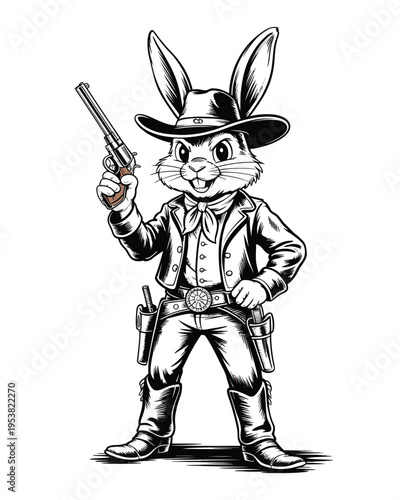 Cartoon rabbit cowboy outlaw with bandana and revolver