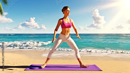 Woman practicing yoga on a mat at the beach with ocean waves
