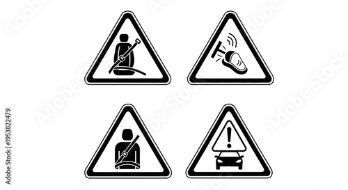 Set of Automotive Safety Warning Icons and Vehicle Dashboard Symbols