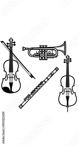 Musical Instruments Collection: Violin, Cello, Trumpet, Flute - Isolated Black and White