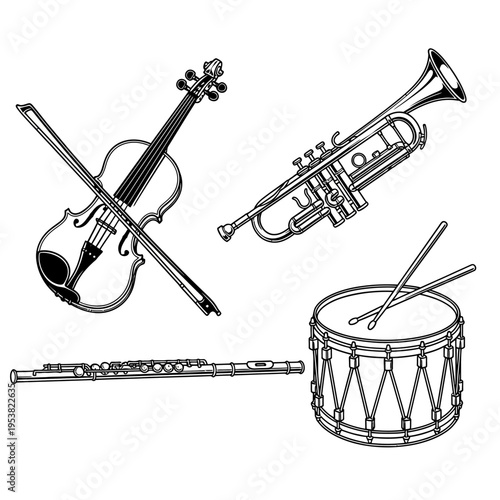Musical Instruments Collection: Violin, Trumpet, Flute, and Drum