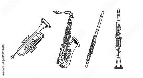 Musical Instruments Line Art: Trumpet, Saxophone, Flute, Clarinet - Vector Illustration