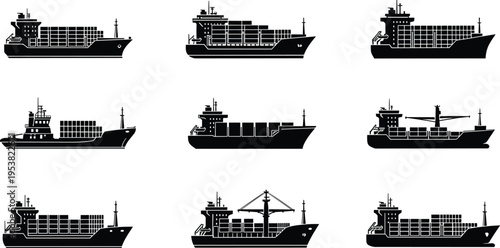 Cargo container ships silhouette set with various freight vessels, maritime transport collection, shipping industry vector illustration isolated on white for logistics and global trade design
