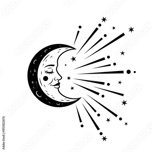 Mystical Crescent Moon Face with Shooting Stars and Cosmic Dust