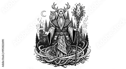 Mystical Forest Wizard with Antlers and Owl, Holding Staff