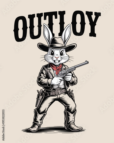 Cartoon rabbit outlaw in cowboy outfit with revolver and hat