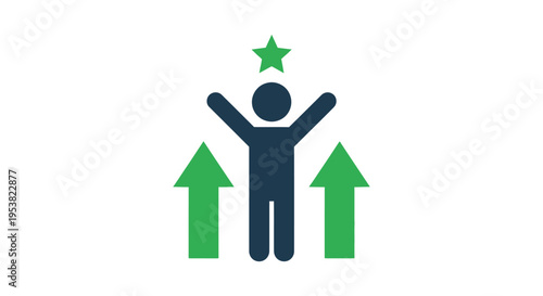 Simple vector graphic illustration showing a person celebrating success with upward trending arrows and a star