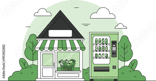 Cartoon illustration of small grocery store with striped awning and vegetable basket beside modern green vending machine outdoors, highlighting traditional retail versus automated 