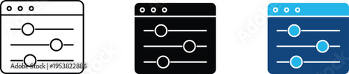 Interface controls icon showing web application customization and digital system adjustment sliders. Professional illustration for dashboard preference settings, and software UI configuration.