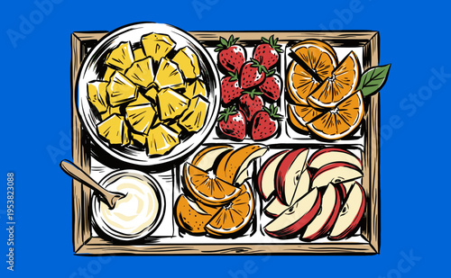 Eat well live well. Fresh tropical fruit platter and yogurt. Healthy summer snack artwork for t-shirt print, poster, sticker, vector design.