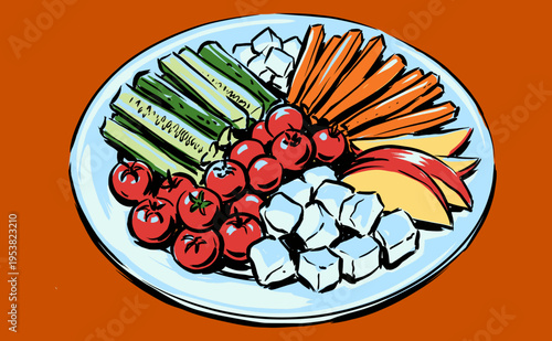 Eat well live well. Fresh vegetable platter and fruit snack plate. Healthy eating artwork for t-shirt print, poster, sticker, vector design.