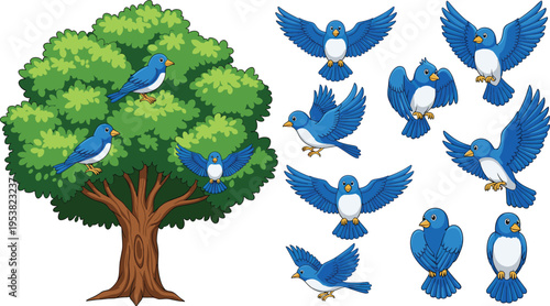 Cartoon illustration of tree with green foliage and multiple blue birds perched and flying, symbolizing nature, wildlife, education, children’s artwork, and creative design projects