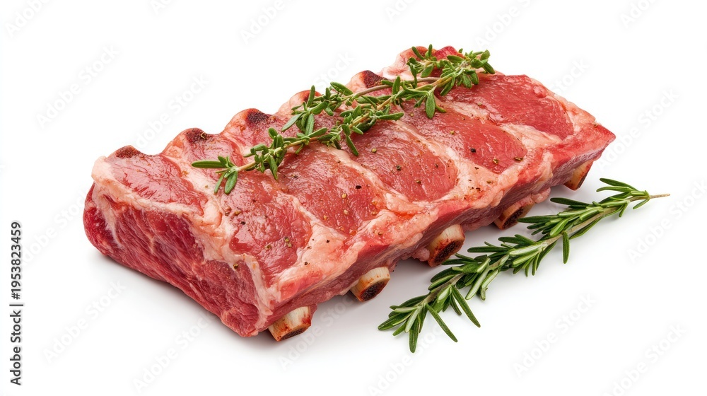 Fototapeta premium Rib Rack Culinary Delight: A mouthwatering raw rack of ribs, artfully adorned with fresh rosemary sprigs, ready for culinary creation.