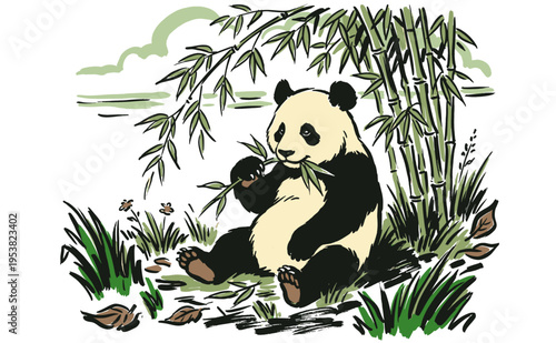 Zen Panda Forest Adventure. Wild animal artwork. Nature lover aesthetic print design. Botanical jungle scene. Peaceful forest explore art.