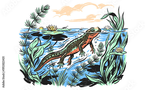 Wild Pond Life. Nature explore graphic artwork. Amphibian habitat adventure. Pond ecosystem print design for t-shirt, poster, and sticker.