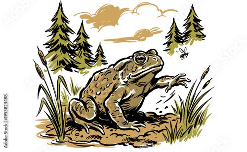 Wild marsh life artwork. Swamp explorer vintage print. Toad in the forest pond. Nature outdoor adventure graphic design.