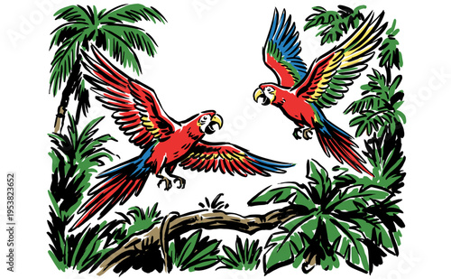 Tropical jungle escape. Exotic parrot flight artwork. Wild rainforest adventure design. Summer vibes nature illustration for apparel and decor.