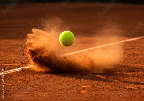 Tennis ball impacting clay court