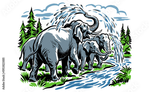 Wild Safari adventure. Forest wildlife artwork. Elephant herd splashing water graphic print. Nature conservation design. Safari club print.