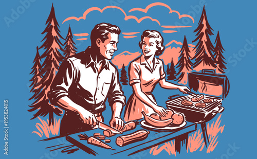 Summer outdoor cooking graphic. Fresh garden vegetables and backyard grill party artwork. Vintage style illustration for posters and prints.
