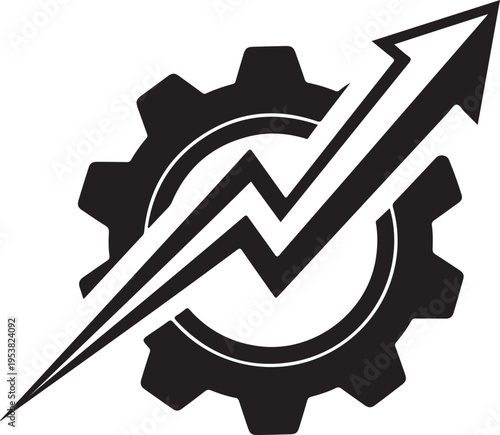 Black gear with upward trending arrow symbolizing business growth and industry progress
