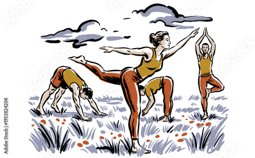 Zen flow. Outdoor yoga session artwork. Mindful living. Balanced life. Yoga club print design for poster, sticker, and wellness lifestyle brand.