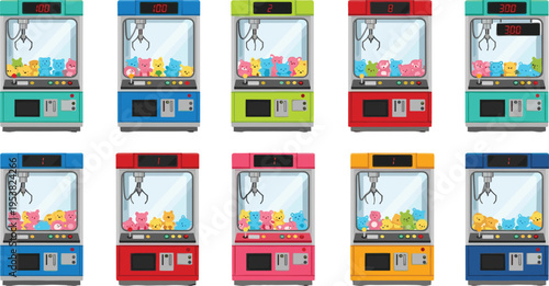 Claw machine arcade vector set with colorful toy grabber games, cute plush prizes inside cabinets, amusement vending machines isolated for gaming, entertainment and kids fun design