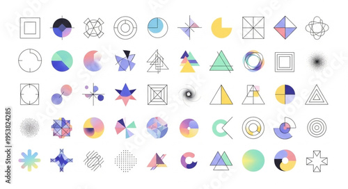 Collection of Abstract Geometric Shapes with Watercolor and Line Art.