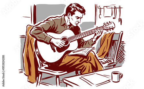 Songwriter vibe. Acoustic musician art print. Creative process illustration for posters, t-shirts, and artistic projects.