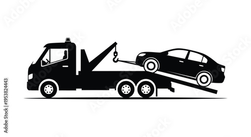 Monochromatic vector graphic illustration showing a tow truck actively towing a broken-down sedan for repair