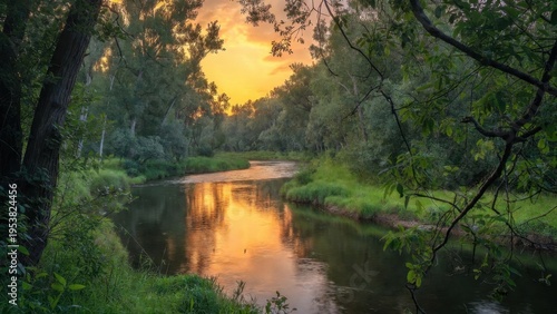 River reflecting orange sunset light in forested bend
