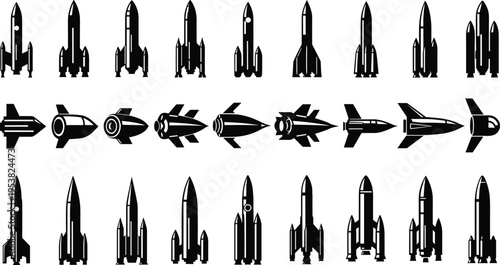 Collection of black silhouette icons of rockets and spacecraft in multiple designs and perspectives, symbolizing space exploration, technology, engineering, and creative artwork projects