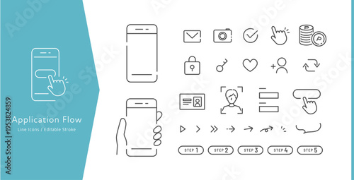 スマホで申込み･契約の流れ･登録の手順作成に便利なベクターアイコンセット (線画･モノクロ) Editable stroke