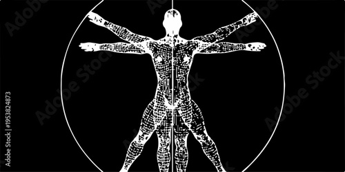 Abstract vector illustration of a black silhouette anatomy cross section featuring a medical Vitruvian man symbol integrated with a religious Christ cross sign for health and art
