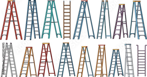 Collection of sixteen colorful ladders in various styles including step ladders and straight ladders, symbolizing construction, tools, safety, architecture, and creative artwork projects