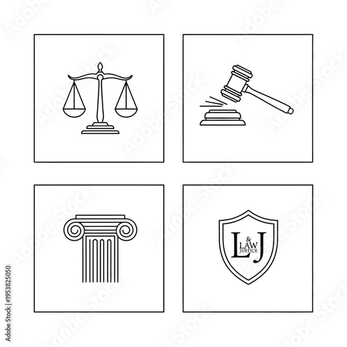 Set of Legal and Justice Icons with Scales, Gavel, Pillar, and Shield
